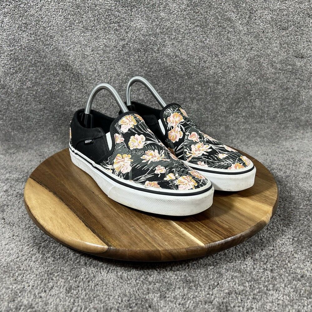 Vans Floral Asher Women's Size 8 Black Tropical Palm Slip On Skate Shoes Used